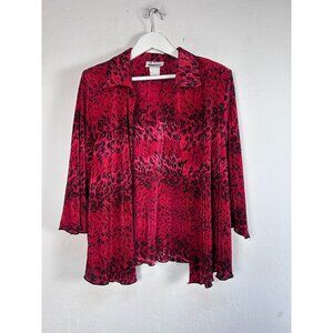 En Focus Womens Red & Black Animal Print Pleated Open Front Cardigan Jacket
